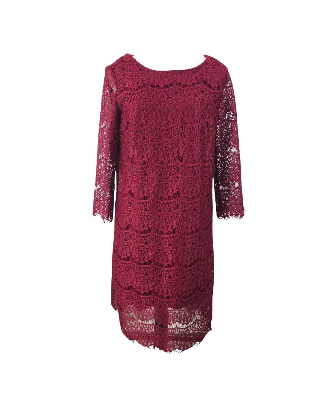 RN Studio Burgundy Lace Dress Women’s Size 14 Scalloped Hem 3/4 Sleeves Elegant